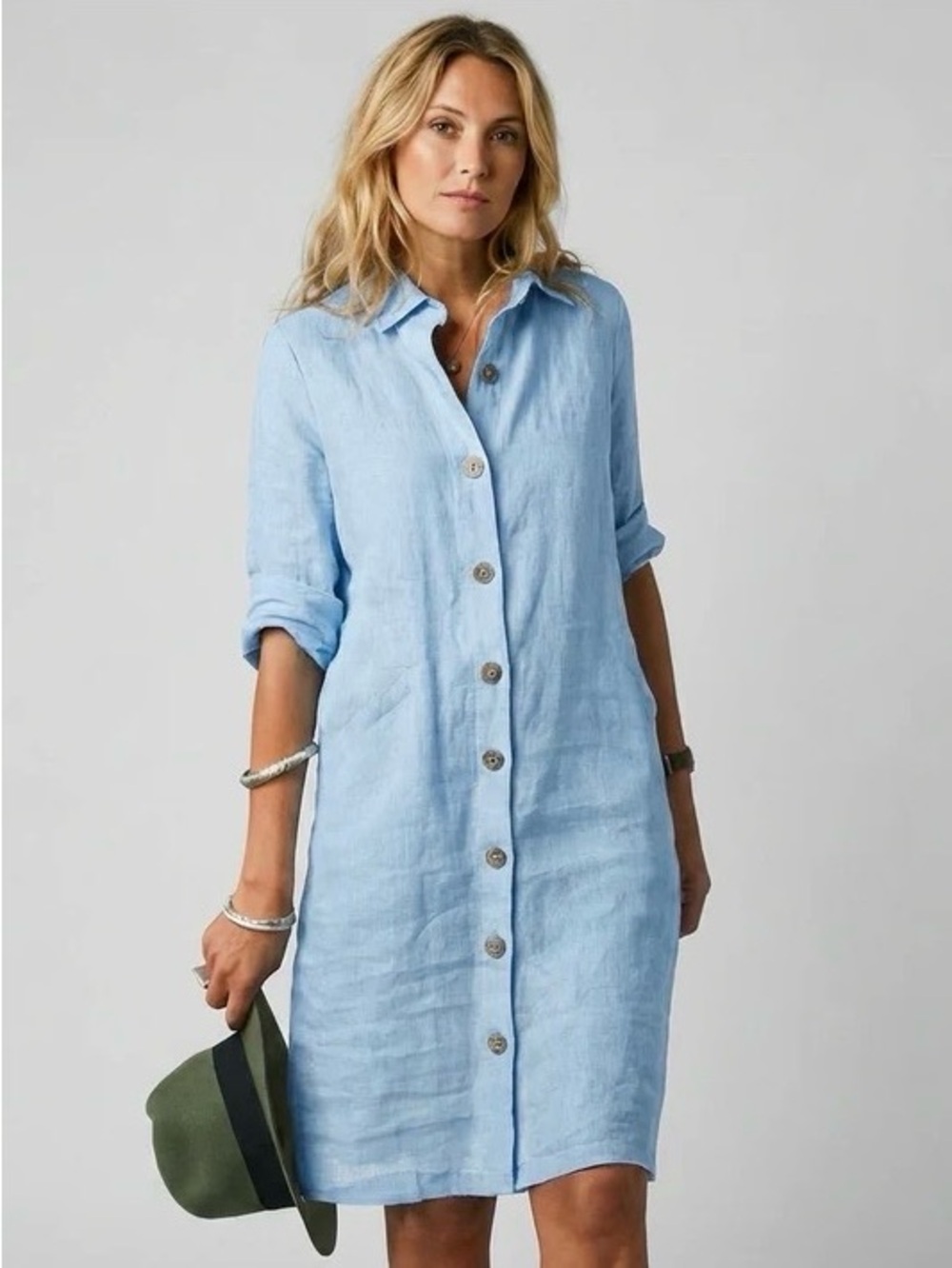 Light Blue Button-Front Linen Shirt Dress With Pockets